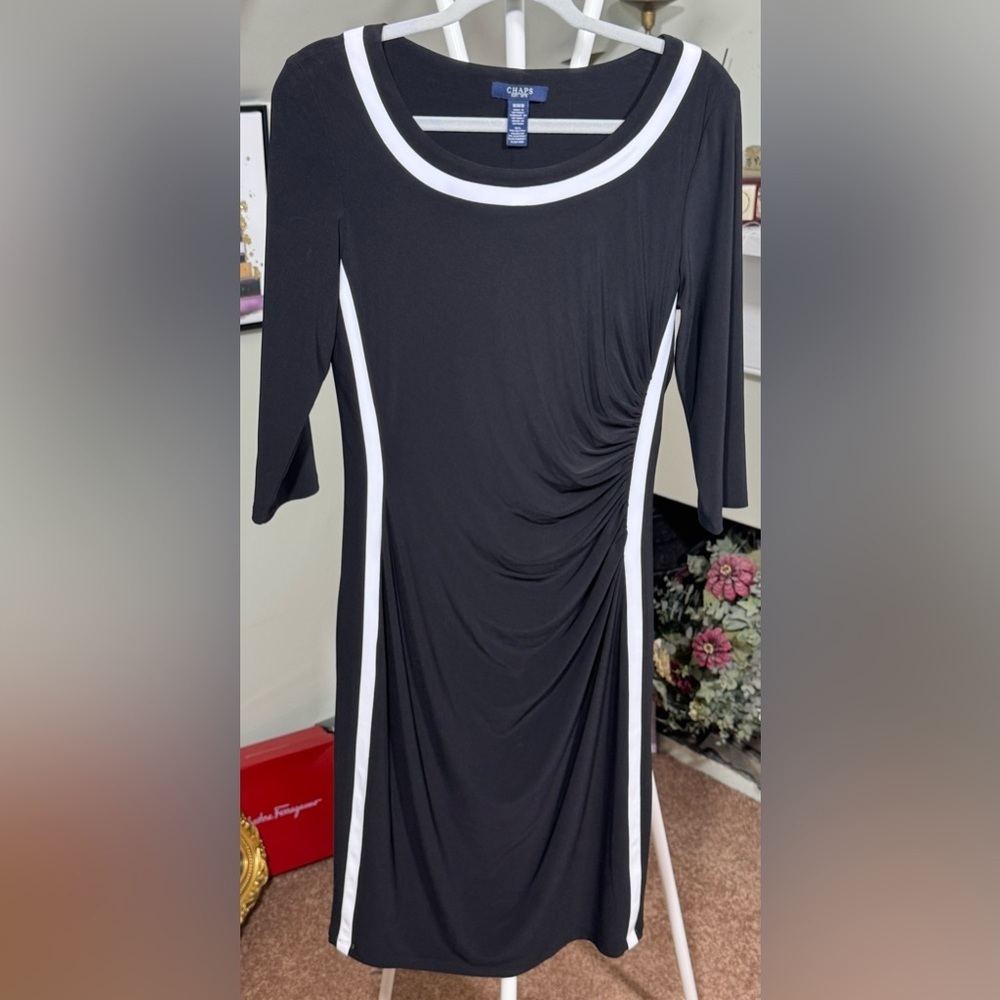 NWOT Chaps Black 3/4-Sleeve Bodycon Dress with White Stripe Accents Ruching